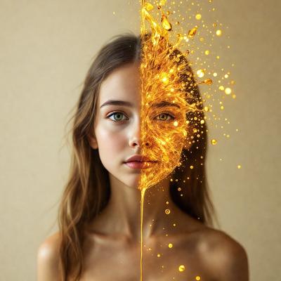 The primary subject of the image is a woman with a split face, featuring a mix of yellow and gold colors. The setting is a room with a tan background. The visual style is a combination of photo and digital art, creating a unique and eye-catching effect. The colors and mood of the image are vibrant and lively, with the yellow and gold tones evoking a sense of warmth and energy.